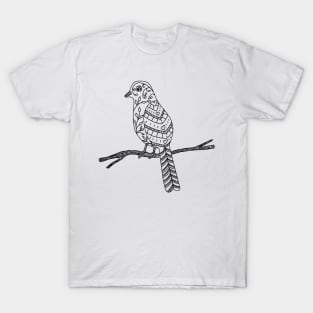 Black and White Bird on a Branch Doodle Drawing T-Shirt